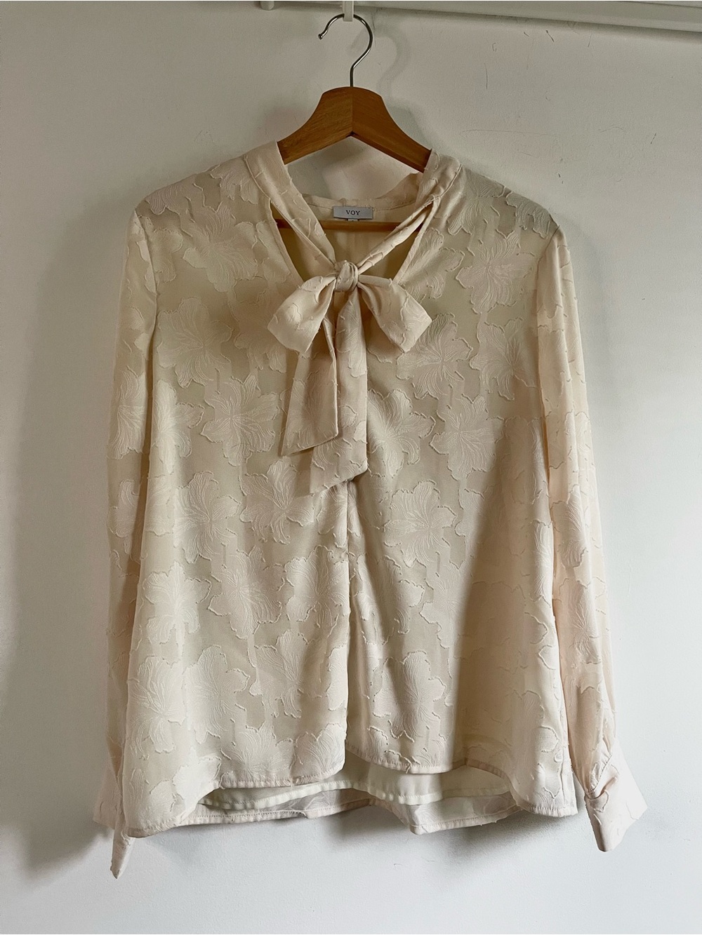 VOY Cream Tie-Neck Floral Jacquard Blouse Long Sleeve Top Size S Cottagecore